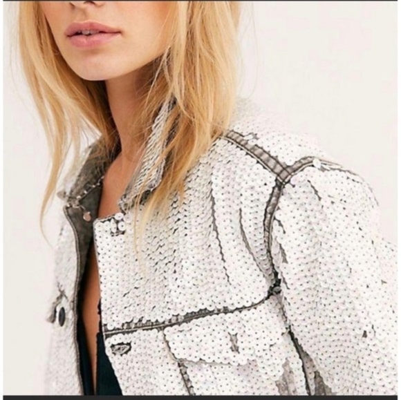 NEW free people momo sequin denim jean oversized jacket hand embroidered size L - Picture 2 of 7